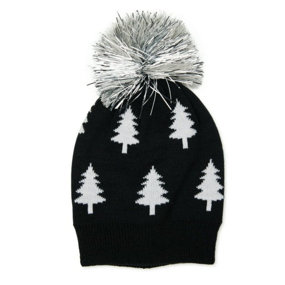 Holiday Time Women's Pine Tree Pom Pom Beanie Hat Black Soot NWT